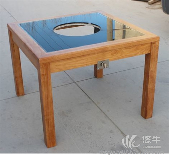 四方橡木桌实木镶嵌钢化玻璃火锅桌